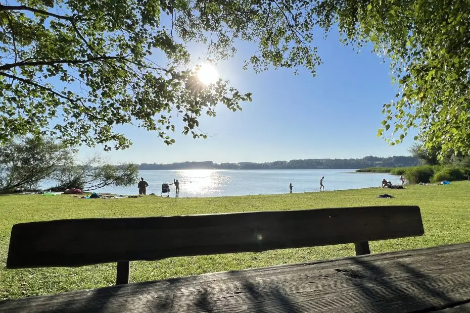 Blick vom Spielplatz auf die Liegewiese und den See