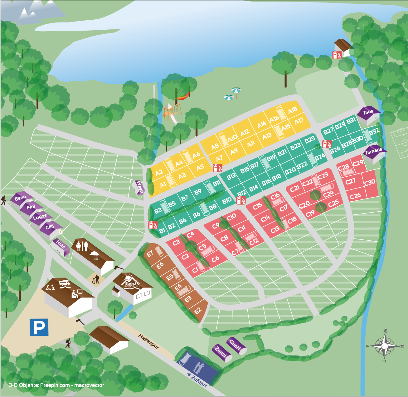 Platzübersicht - Lageplan - mit den einzelnen Stellplätzen - Camping Stein