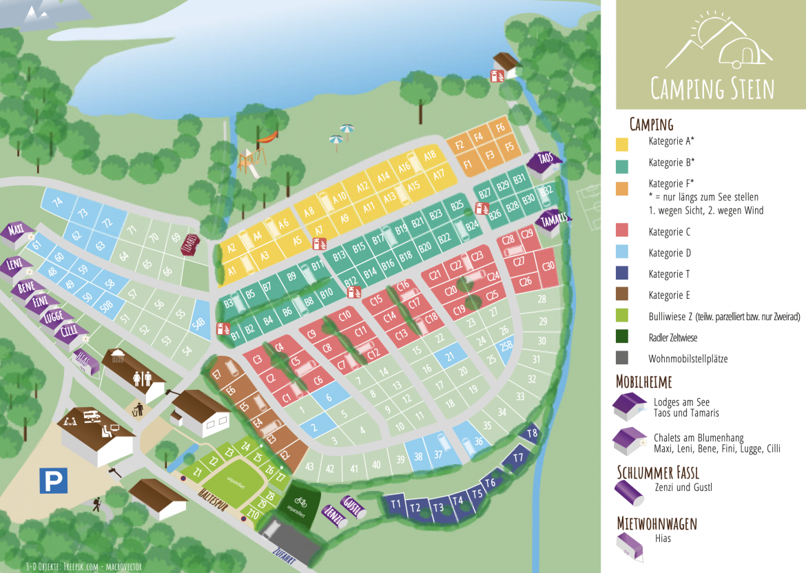 Platzübersicht - Lageplan - mit den einzelnen Stellplätzen - Camping Stein